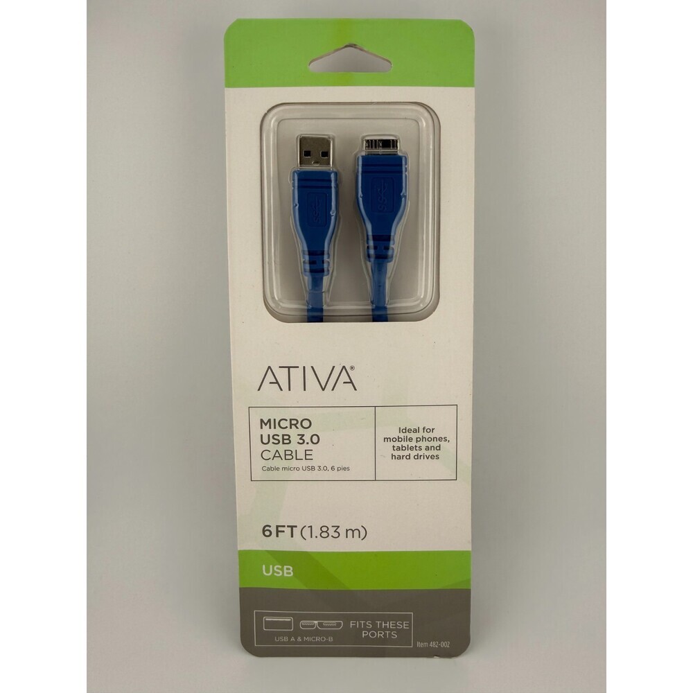 NEW Ativa Blue USB-A to Micro-B Charging Sync Hard Drive 6ft Micro USB 3.0 Cable